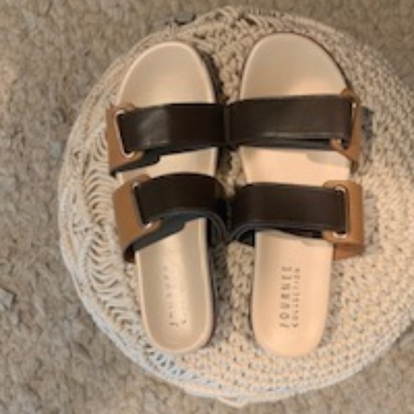 Tan and Brown Leather Flat Platform Sandal - Picture 1 of 5